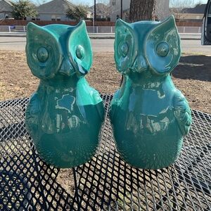 Vintage Pair Of Teal Glazed Ceramic Owl Figurines 10.5  Inches Tall